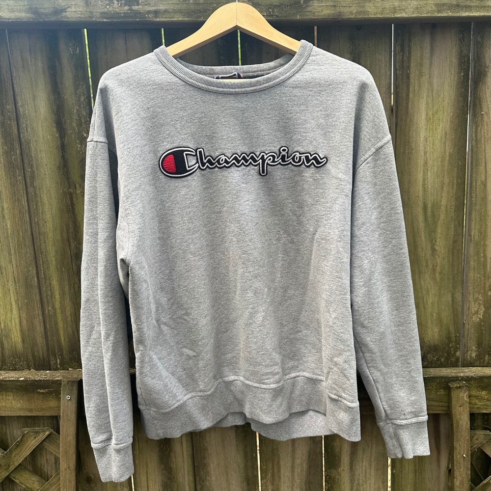 Champion Powerblend Script Logo Crewneck Sweatshirt Gray Pullover Fleece Size XL - Picture 11 of 11